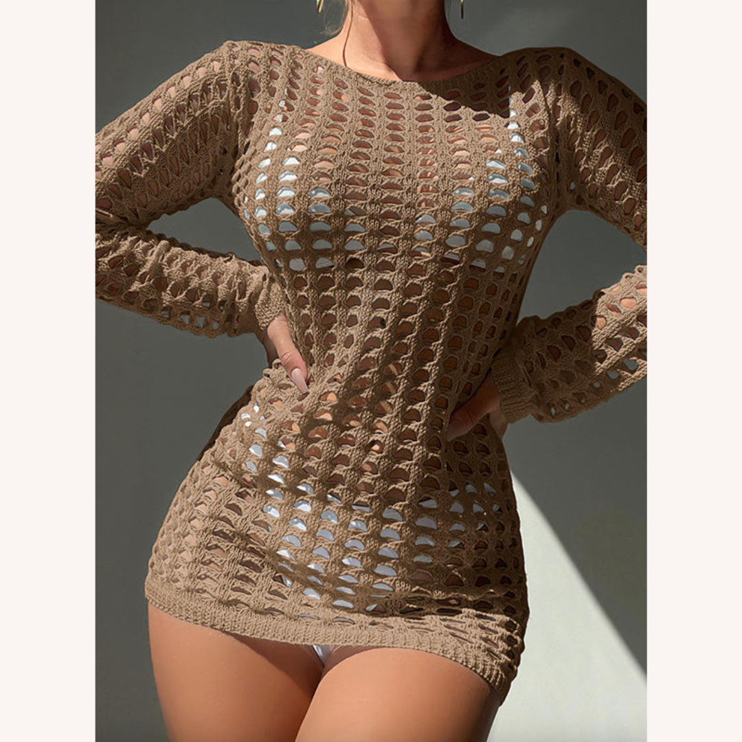 Boho Chic Beach Cover with Hollow Cutout and Checkered Texture – Elegant and Comfortable for Women