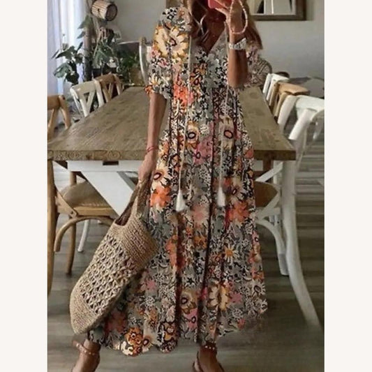 Colorful Bohemian Long Dress for Women with V-Neckline and Mid-Length Sleeves – Elegance for Evenings and Special Occasions