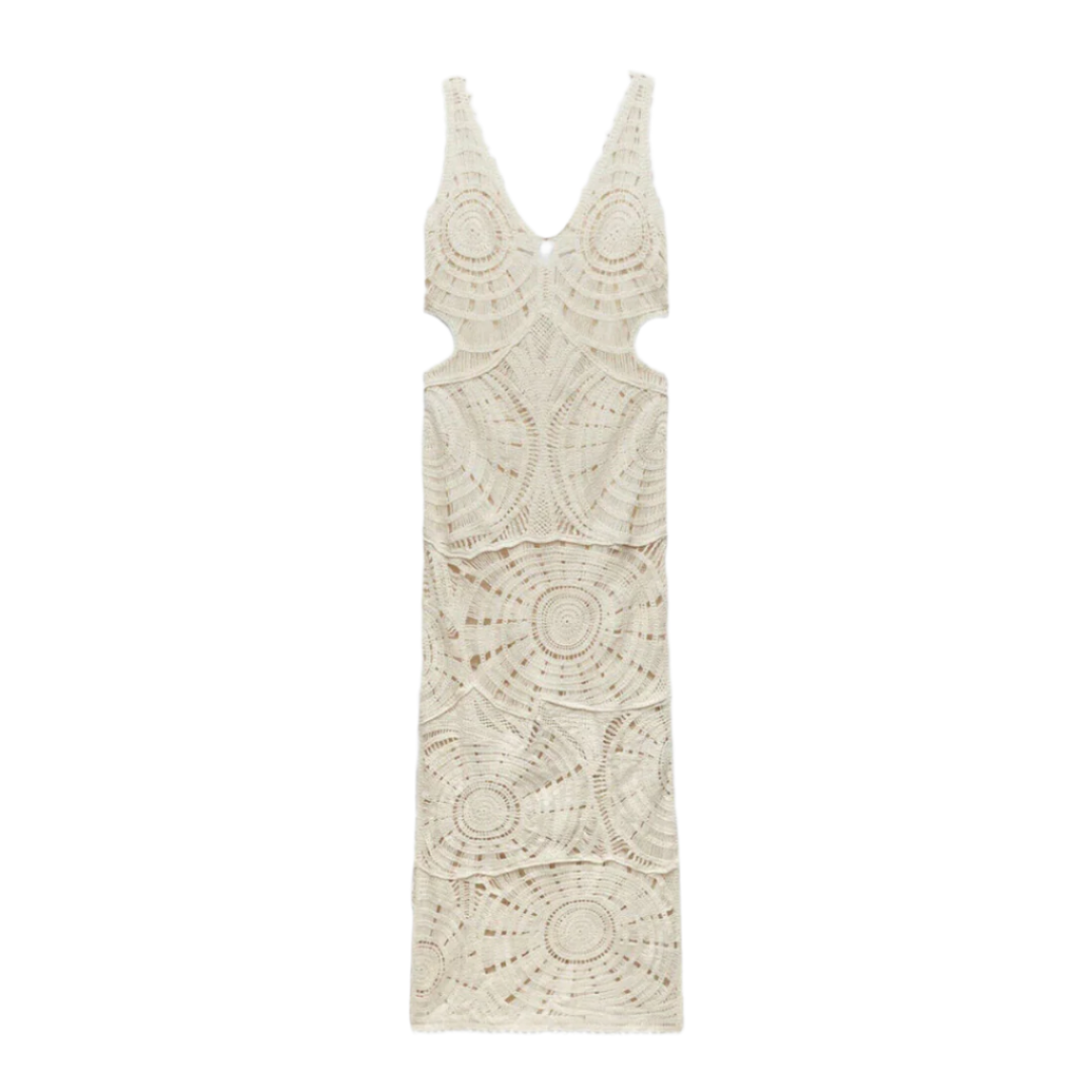 Women's White Midi Dress in Ethereal Crochet with V-Neckline – Bohemian Elegance