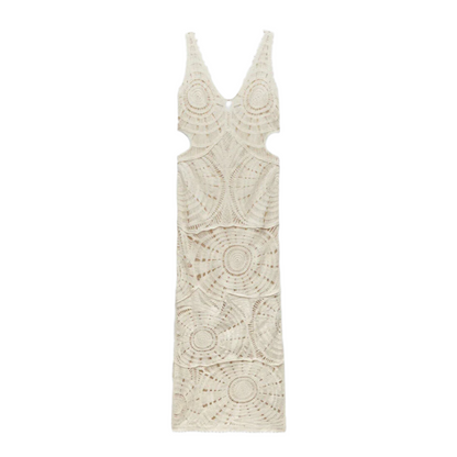 Women's White Midi Dress in Ethereal Crochet with V-Neckline – Bohemian Elegance