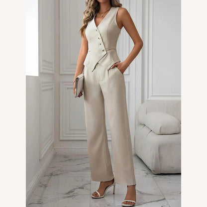 Chic Women's Sleeveless Apricot Jumpsuit with Wide Pants and Asymmetric Detail – Ideal for Wedding and Elegant Events