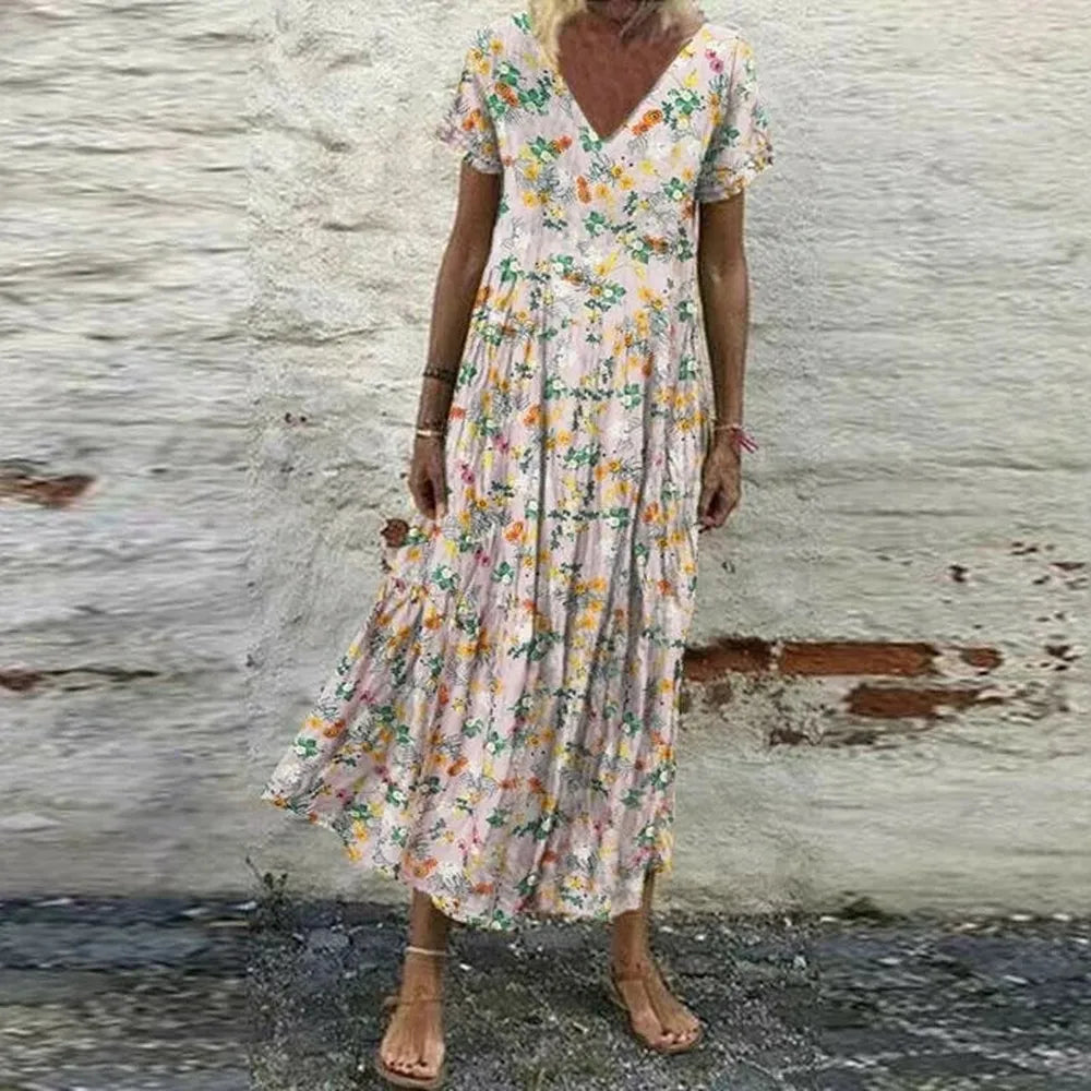 Women's Summer Dress with Flowers - V-Neck, Short Sleeves, Cotton and Rayon, Chic and Comfortable