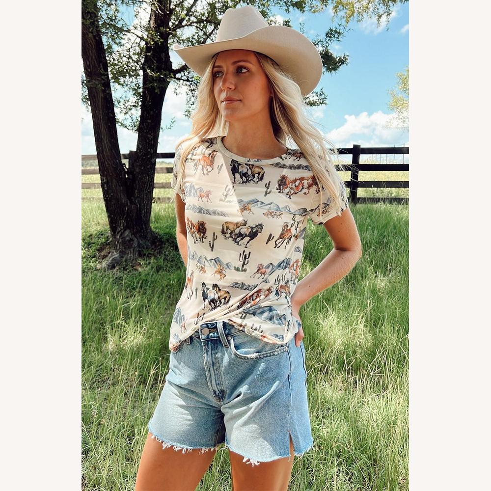 Tee Shirt Femme Beige Imprimé Western avec Chevaux et Cactus – Coton Stretch, Coupe Classique, Manches Courtes
