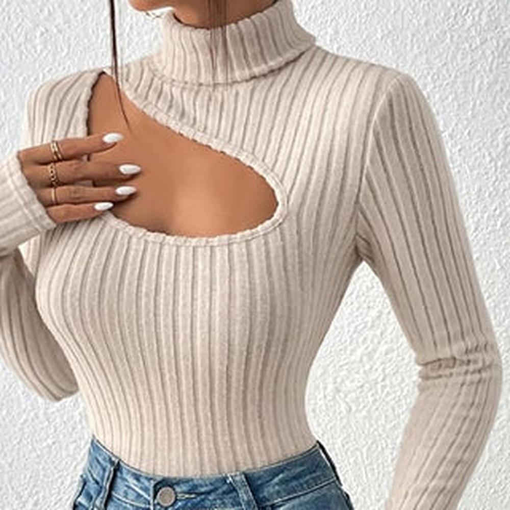 Top Femme Asymétrique Noir Côtelé avec Col Montant – Élégance et Confort, Manches Longues, Matière Stretch