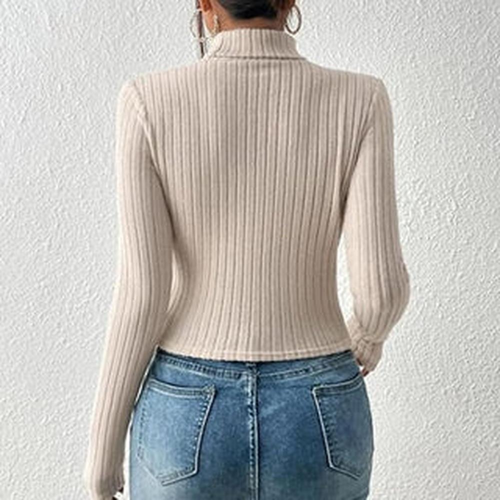 Top Femme Asymétrique Noir Côtelé avec Col Montant – Élégance et Confort, Manches Longues, Matière Stretch