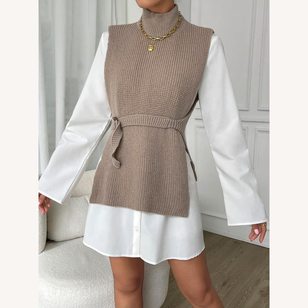Pull Femme Sans Manches Col Roulé en Maille Côtelée – Élégant et Chaud pour Superposition, Taille S à XL