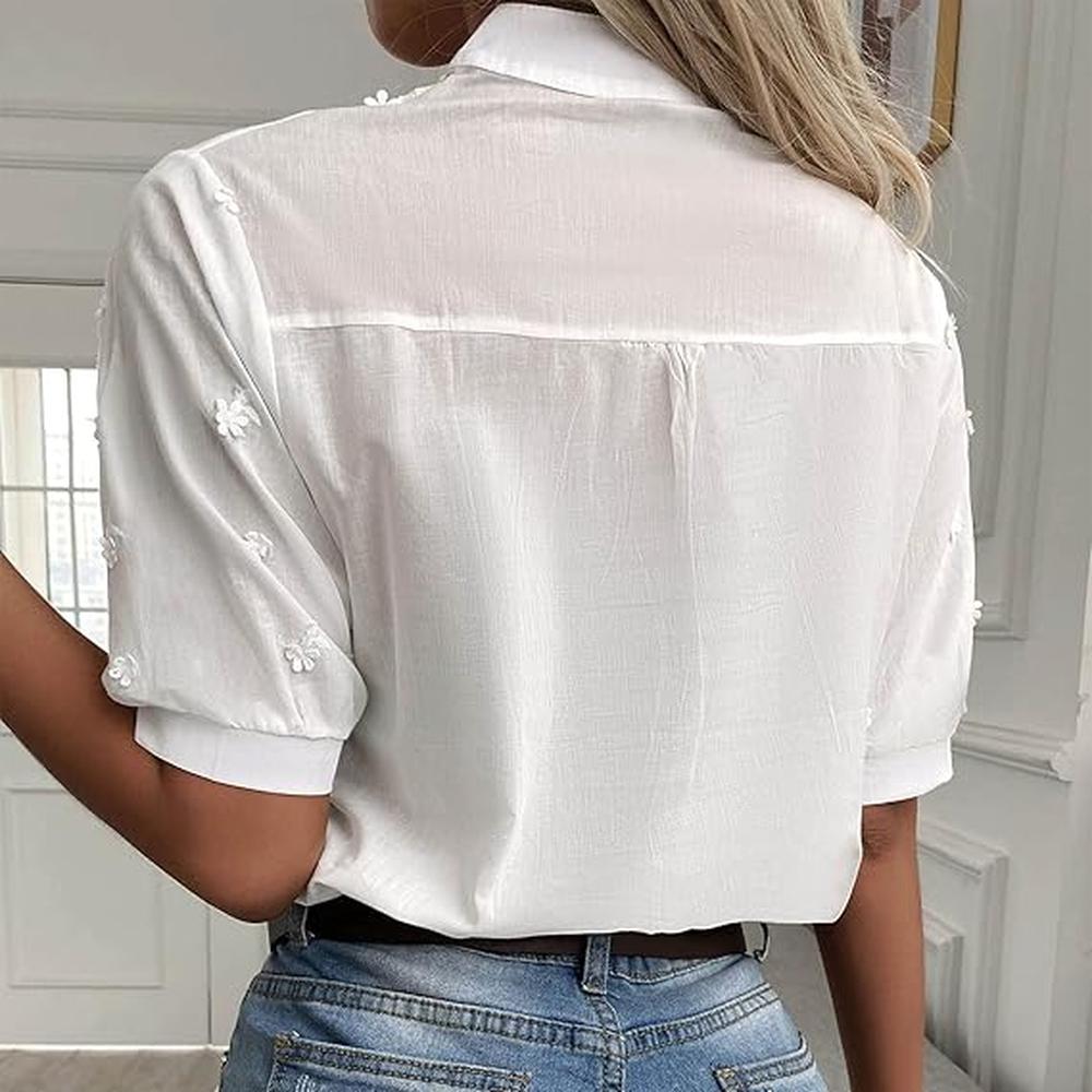 Blouse Femme en Coton Brodé Légère avec Col Mao Chic – Blouse Blanche Élégante pour un Style Estival