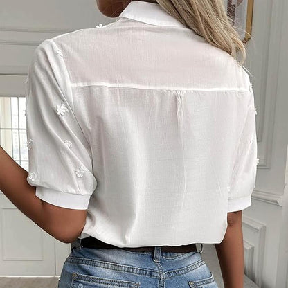 Women's Lightweight Embroidered Cotton Blouse with Chic Mandarin Collar – Elegant White Blouse for a Summer Style