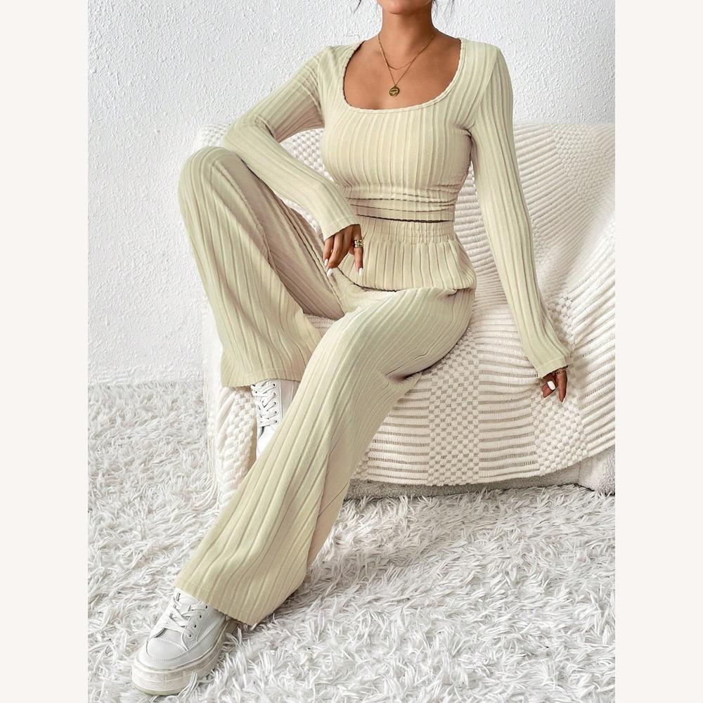 Ribbed Lounge Set 2 Pieces Women – Long Sleeve Crop Top and Wide Leg High Waist Pants Beige
