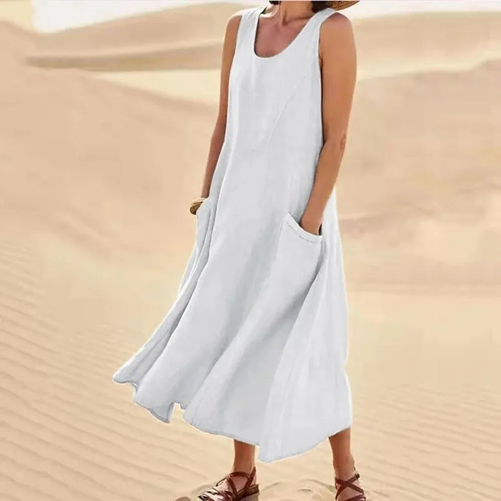 Robe Longue Femme Sans Manches en Coton et Lin avec Poches - Confort et Élégance d'Été
