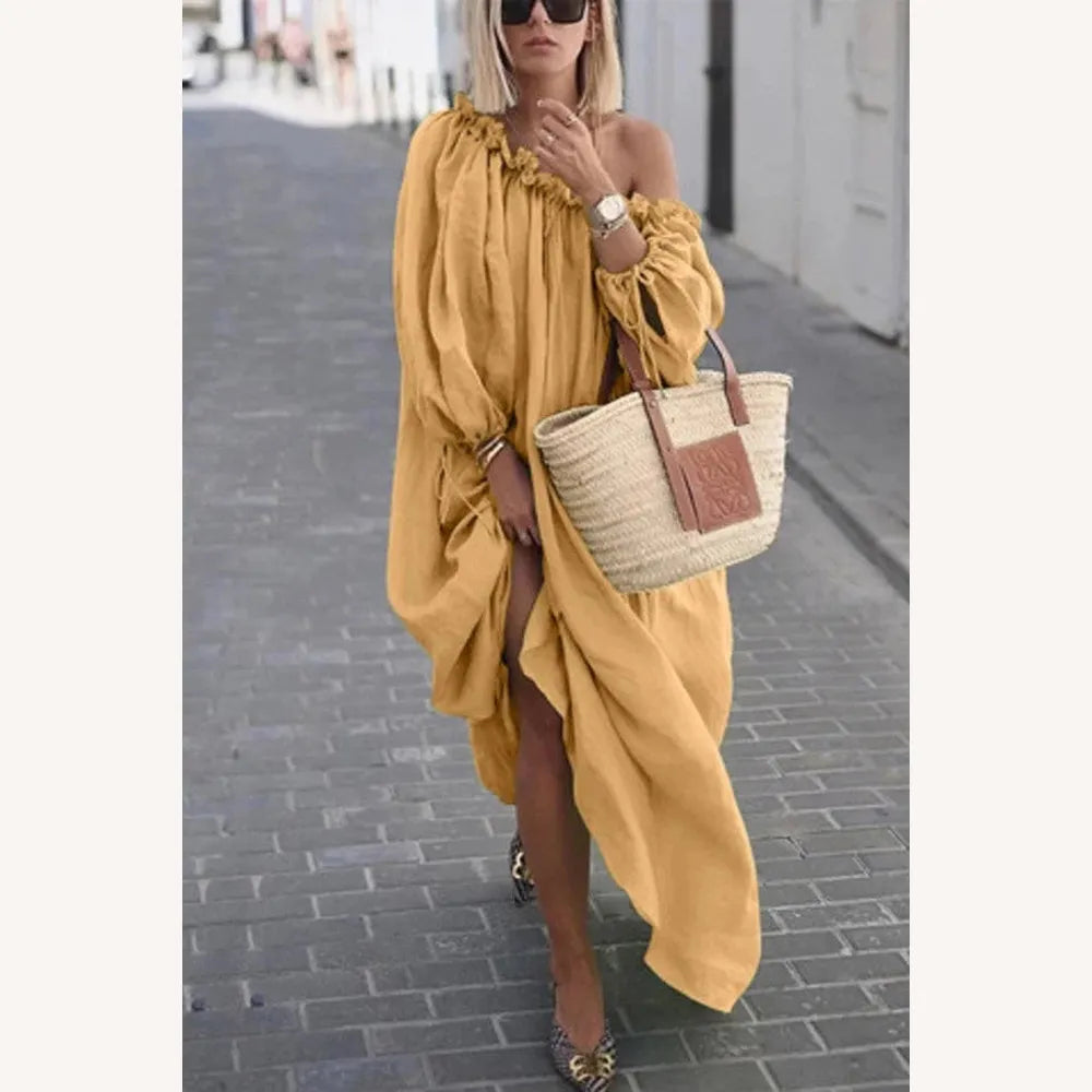 Robe Longue Femme Ample à Une Épaule - Chic et Décontractée en Couleur Unie, Idéale pour Toutes Occasions