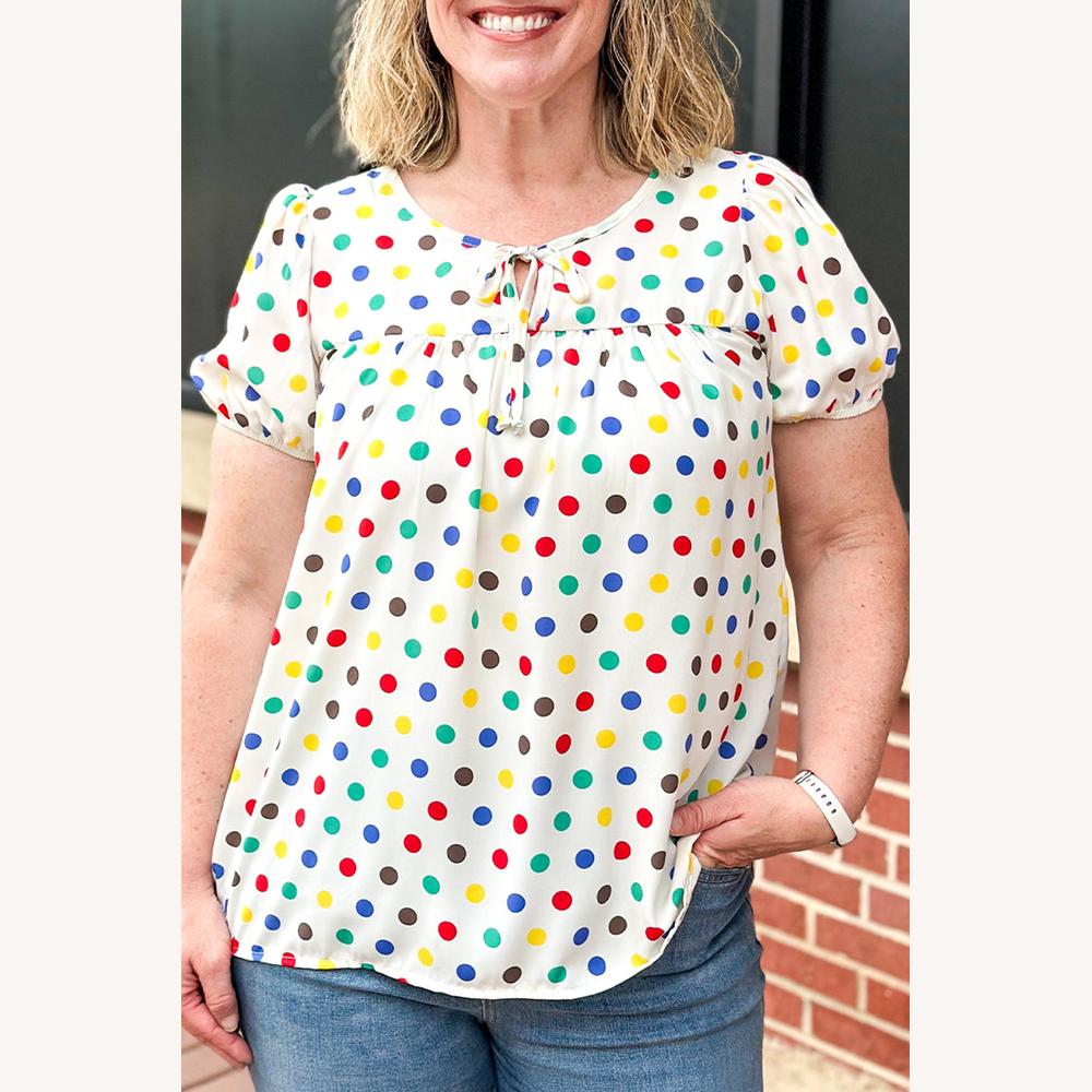 Women's Multicolored Polka Dot Blouse – Loose Tunic with Puff Sleeves and Tie Collar, Comfortable and Trendy