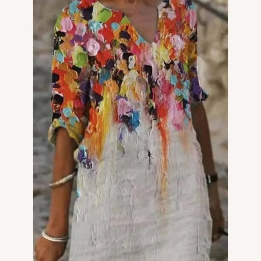 Robe Longue Femme en Coton et Lin avec Imprimé Artistique et Encolure Ras du Cou – Style Élégant et Confortable