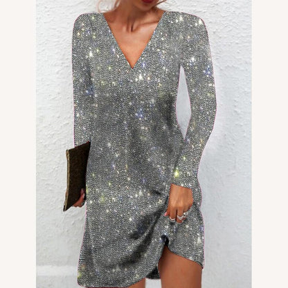 Silver Mini Dress for Women with Long Sleeves and V-Neck – Elegant Evening Dress for Formal Events