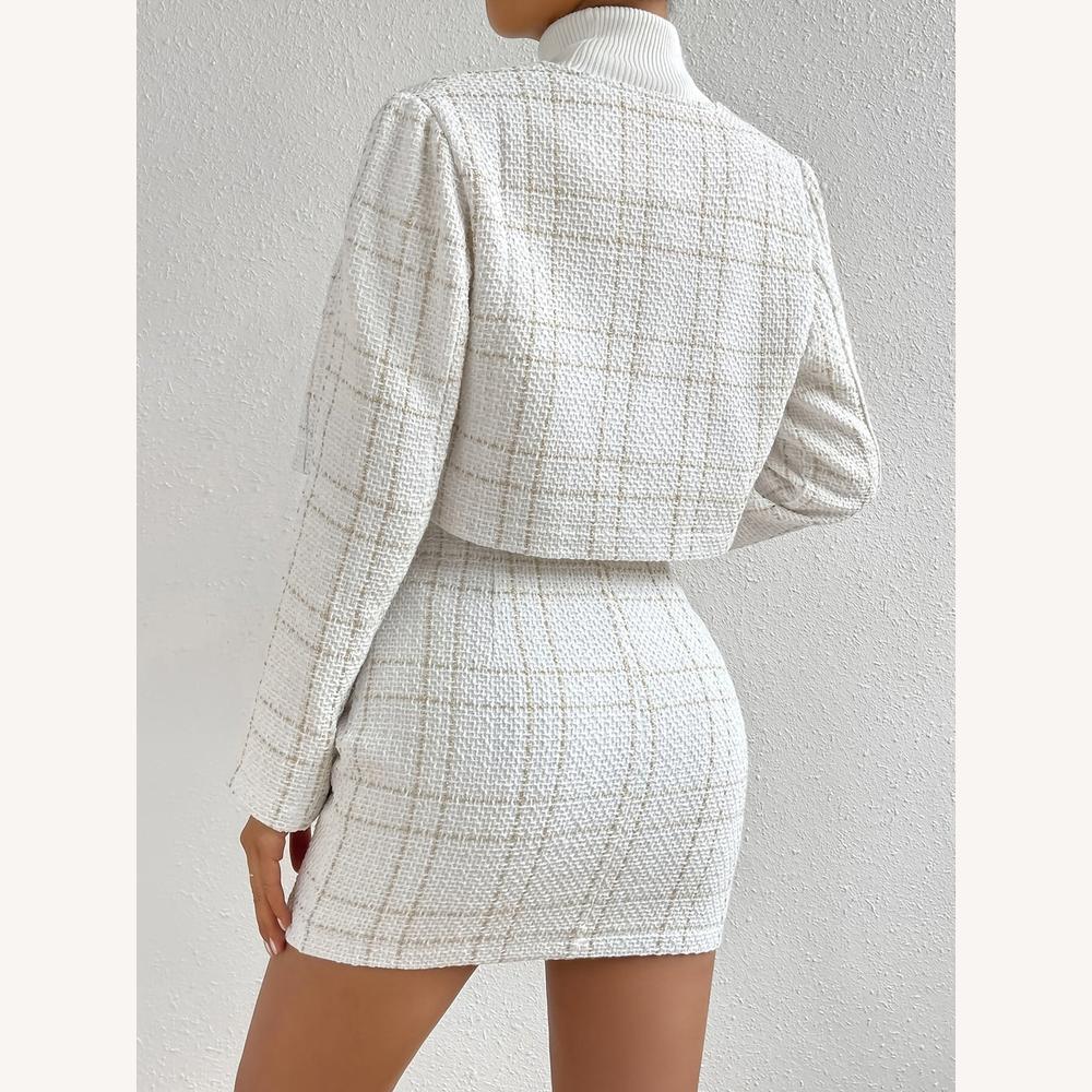 Ensemble Jupe et Veste en Tweed Structuré pour Femme – Chic et Élégant, Taille Haute, Boutons Dorés, Idéal pour Toutes Occasions