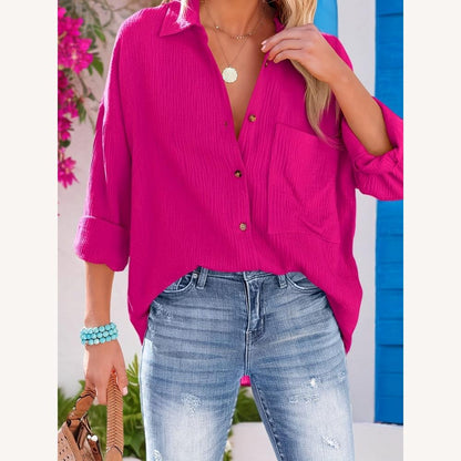Casual Women's Cotton Magenta Shirt, Long Roll-up Sleeves, Waffle Texture