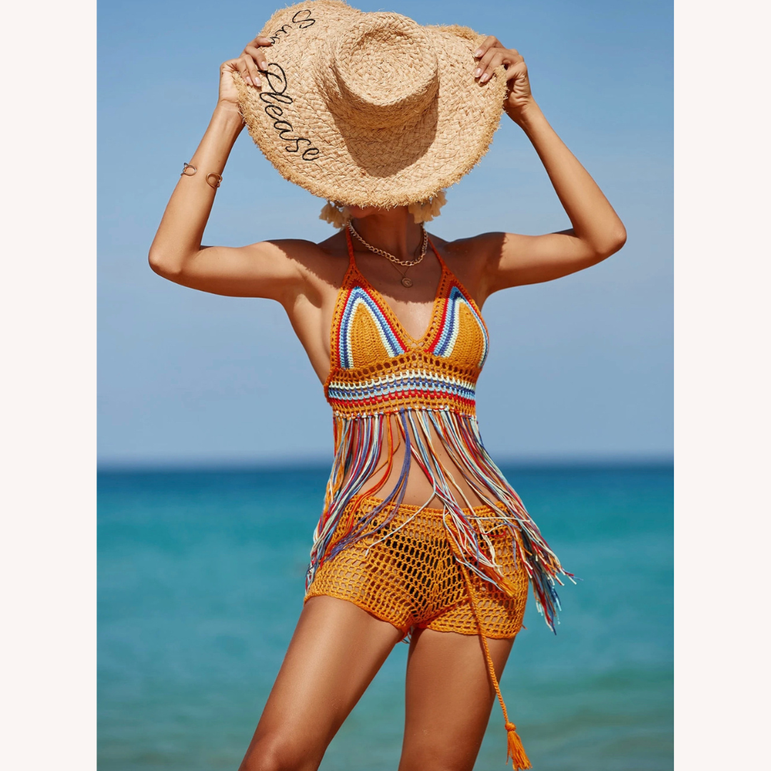 Haut de Maillot de Bain à Crochet Multicolore avec Détails en Gland – Style Élégant et Ajustement Slim pour Femme