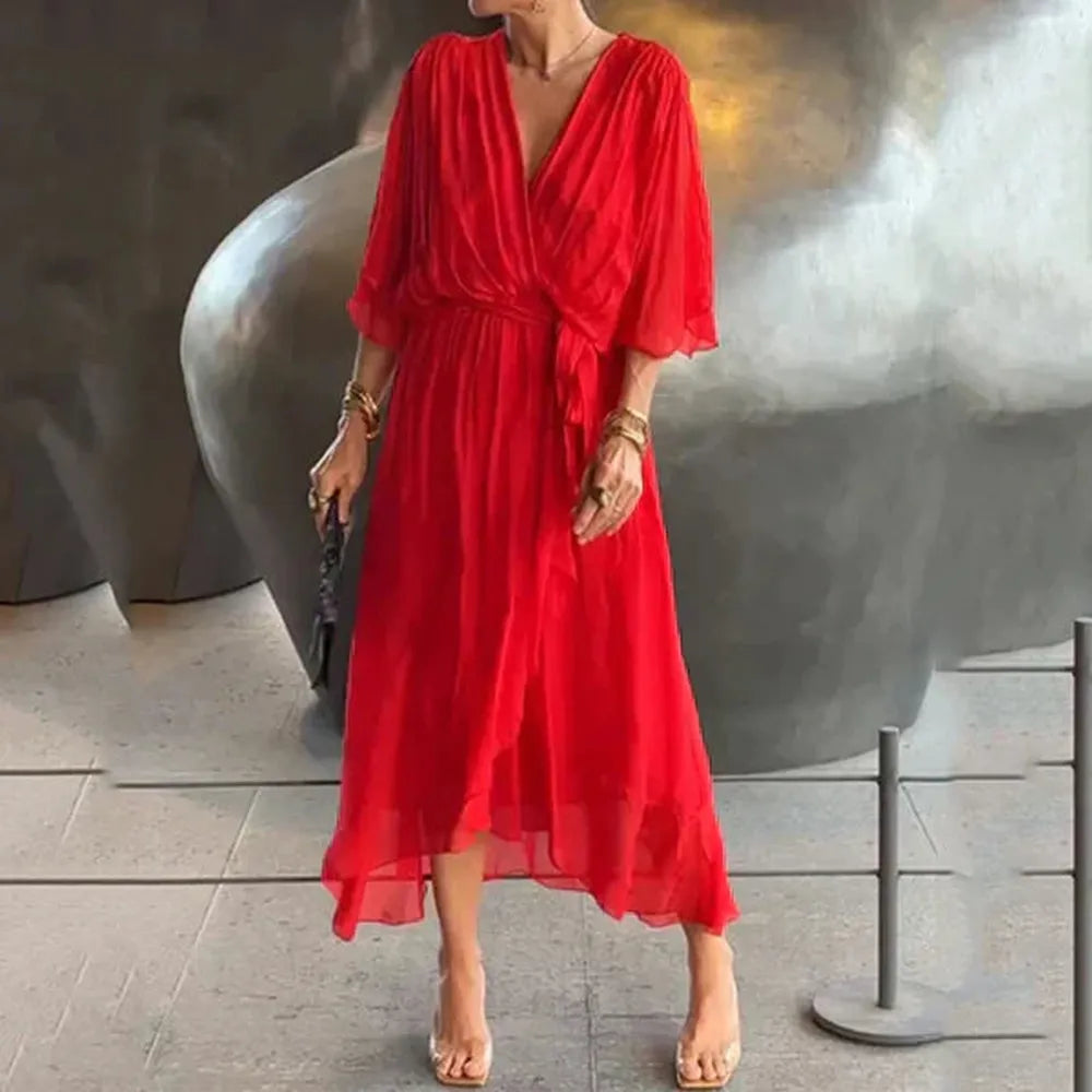 Robe d'Été Longue Femme Chic avec Ceinture et Ourlet Asymétrique en Tissu Léger