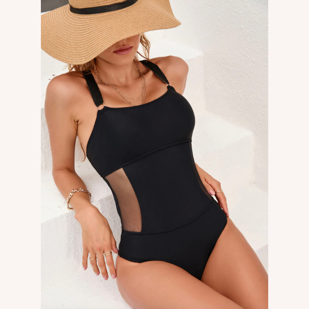Women's One-Piece Sporty Swimsuit Black Panel with Open Back – Elegance and Confidence for Swimming and Beach