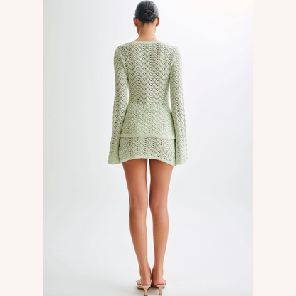 Women's Boho Chic Crochet Set - V-Neck Cardigan and Matching Mini Skirt in Breathable Cotton