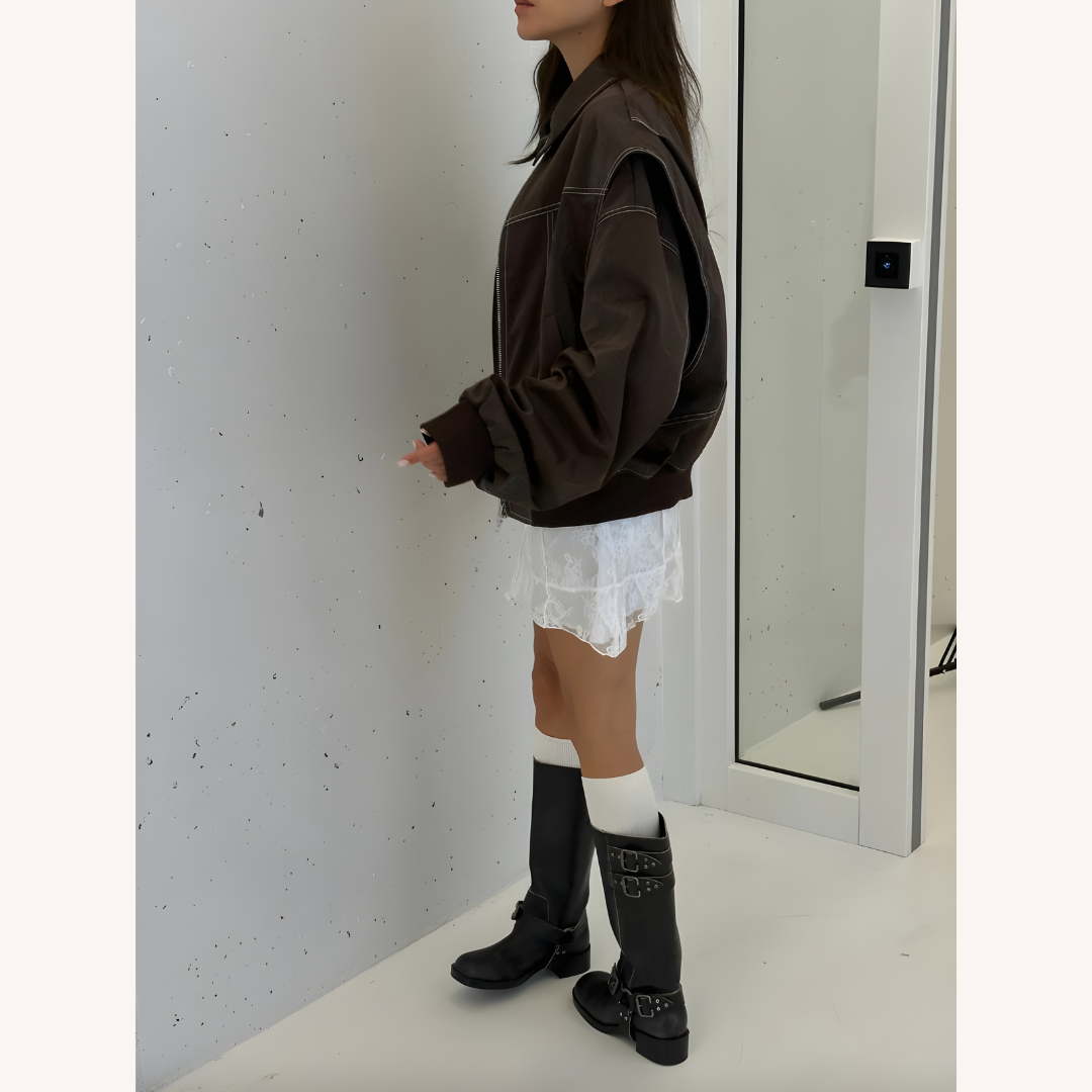 Women's Oversized Bomber Jacket Red Size M Vegan Faux Leather