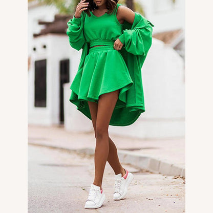 Women's Casual 3-Piece Set – Crop Top, High-Waisted Skirt, and Oversized Cotton-Polyester Shirt, Comfort and Style