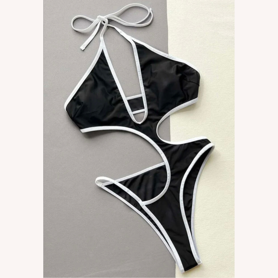 Women's One-Piece Swimsuit with Cutouts Black and White – Boho Chic Style, Soft and Durable Fabric