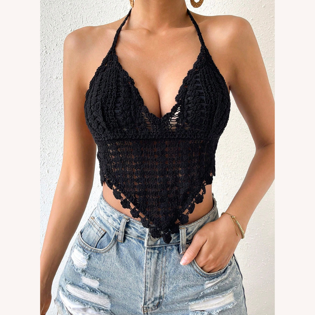 Haut d'Été Boho Chic en Crochet pour Femme à Dos Nu – Top Léger avec Sangles et Support Amovible, Idéal pour les Journées Ensoleillées