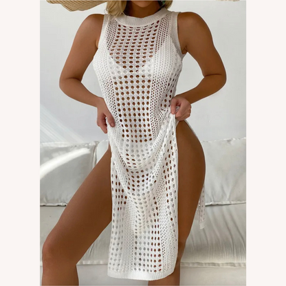 Elegant Women's Crochet Beach Dress – Comfortable Midi with Side Slit in Cotton Blend