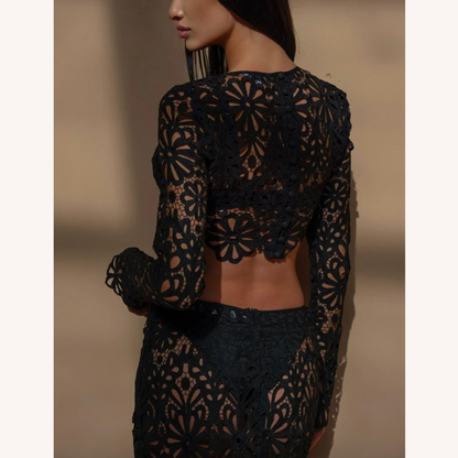 White Crochet Lace Set for Women – Long Sleeve Crop Top and Boho Chic Maxi Skirt