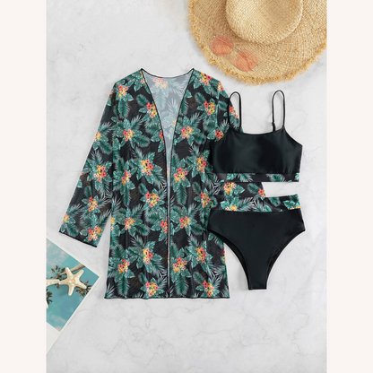 Women's Three-Piece High-Waisted Swimsuit with Long-Sleeve Blouse – Boho Chic Floral Style