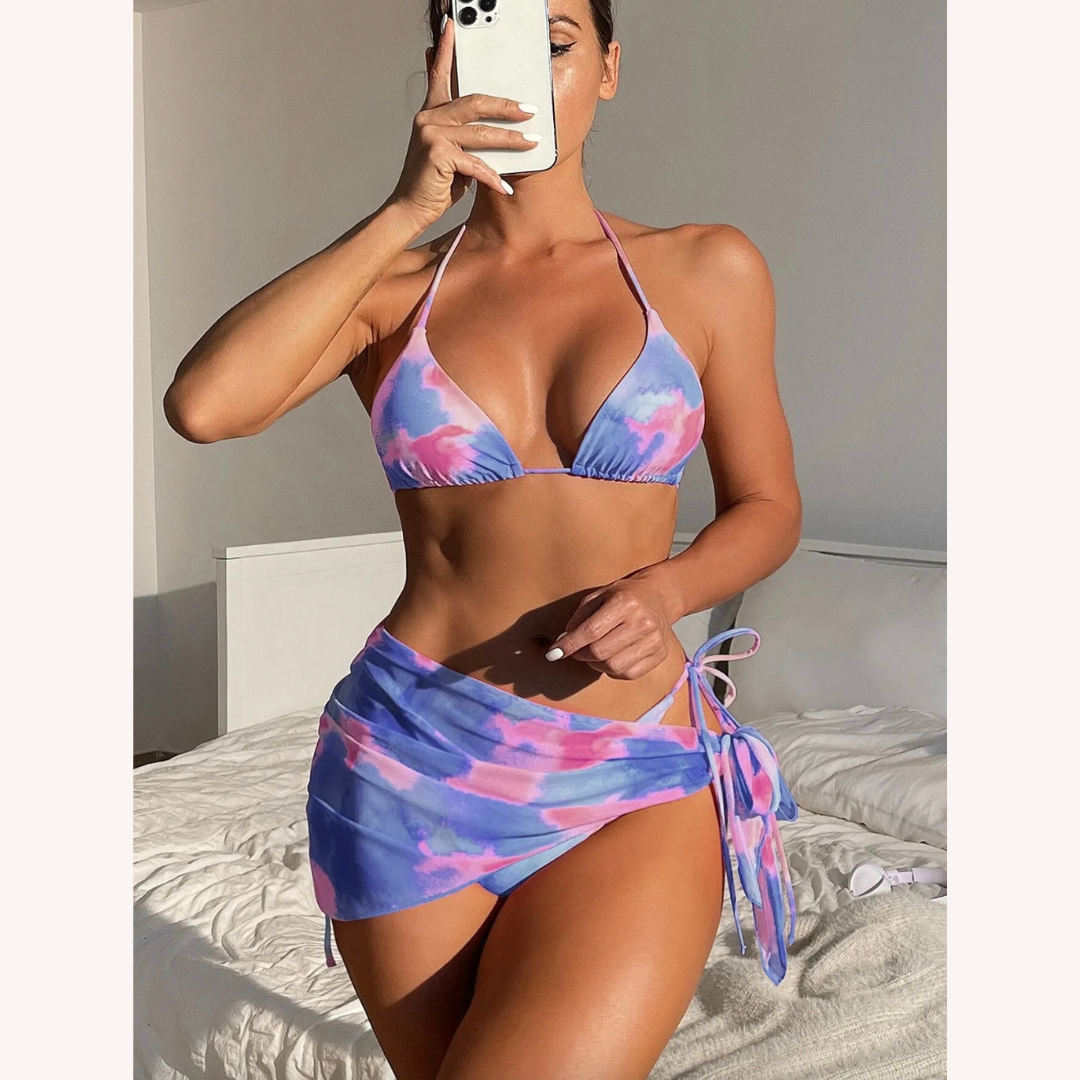 Ensemble de Maillot de Bain Femme Boho Tie-Dye en Trois Pièces avec Jupe Assortie – Confort Polyester, S, M, L