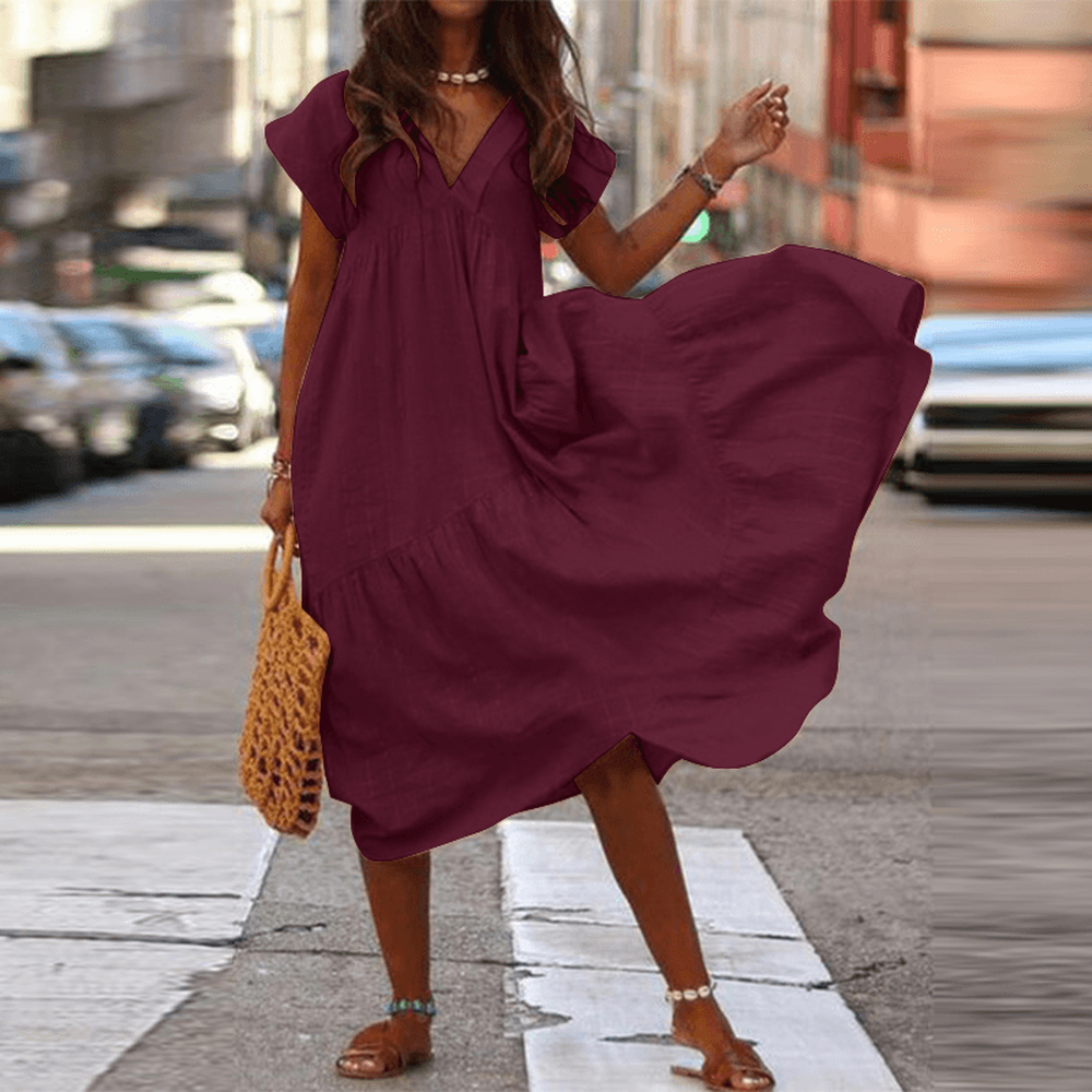 Variant image for Robe Longue Femme Ample à Col en V – Tissu Léger en Rayonne et Polyester, Idéale pour Occasions Décontractées-49