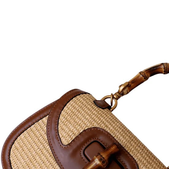 Women's Woven Straw Handbag with Bamboo Handle – Elegant and Practical Brown Shoulder Bag