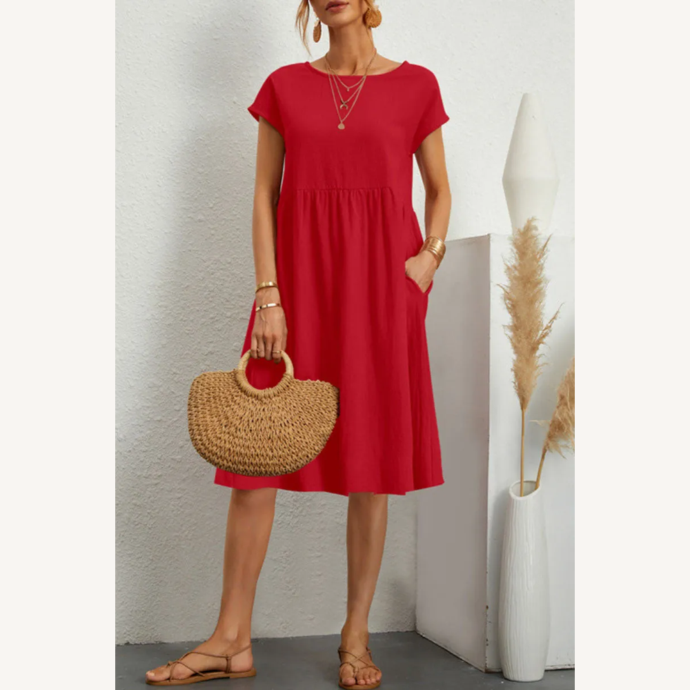 Variant image for Robe Femme Décontractée à Manches Courtes en Patchwork Uni – Silhouette Trapèze Élégante en Coton-49