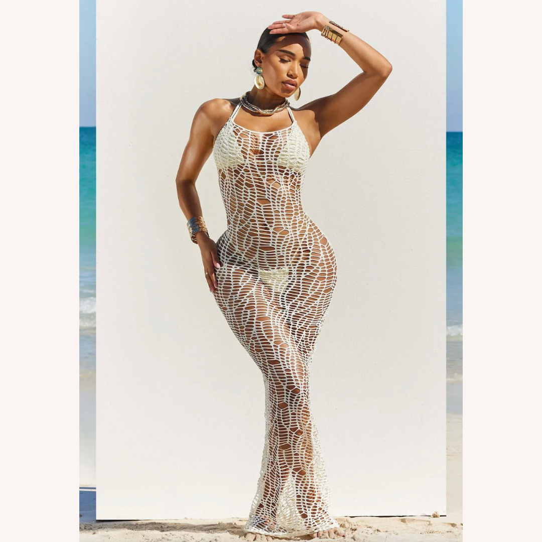 Elegant Long Crochet Dress for Women - Chic Coastal Maxi, Fitted Silhouette for Summer