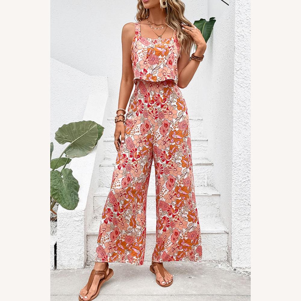 Chic Floral Lightweight Ruffled Women's Jumpsuit, Loose 7/8 Pants, Bohemian Style, Sleeveless, Ideal for Summer