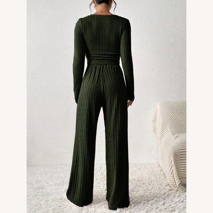 Ribbed Lounge Set 2 Pieces Women – Long Sleeve Crop Top and Wide Leg High Waist Pants Beige