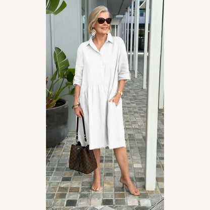 Women's Casual Dress in Linen and Cotton Mid-Length - Comfortable with Pockets, Round Neckline, Multiple Colors