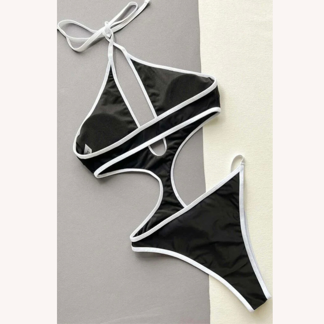 Maillot de Bain Femme 1 Pièce à Découpes Noir et Blanc – Style Boho Chic, Tissu Doux et Durable