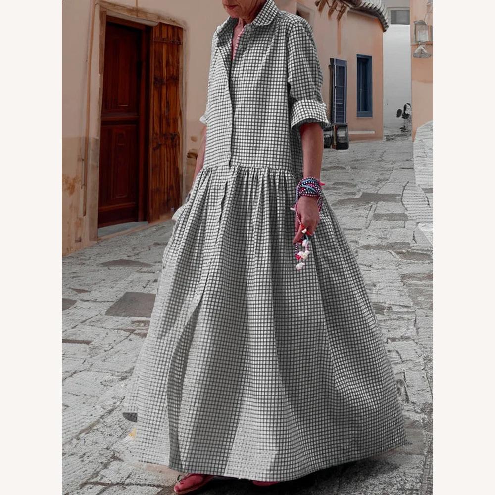 Long Women's Dress with Long Sleeves in Cotton and Linen – Elegant and Comfortable Checkered Fabric