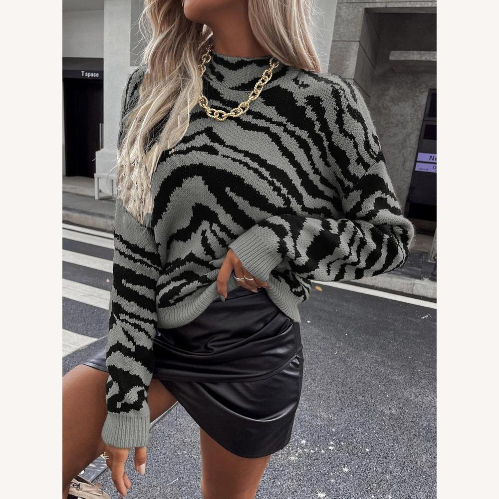 Pull Femme Ample Imprimé Zèbre en Polyester – Tissu Doux et Confortable pour un Look Tendance