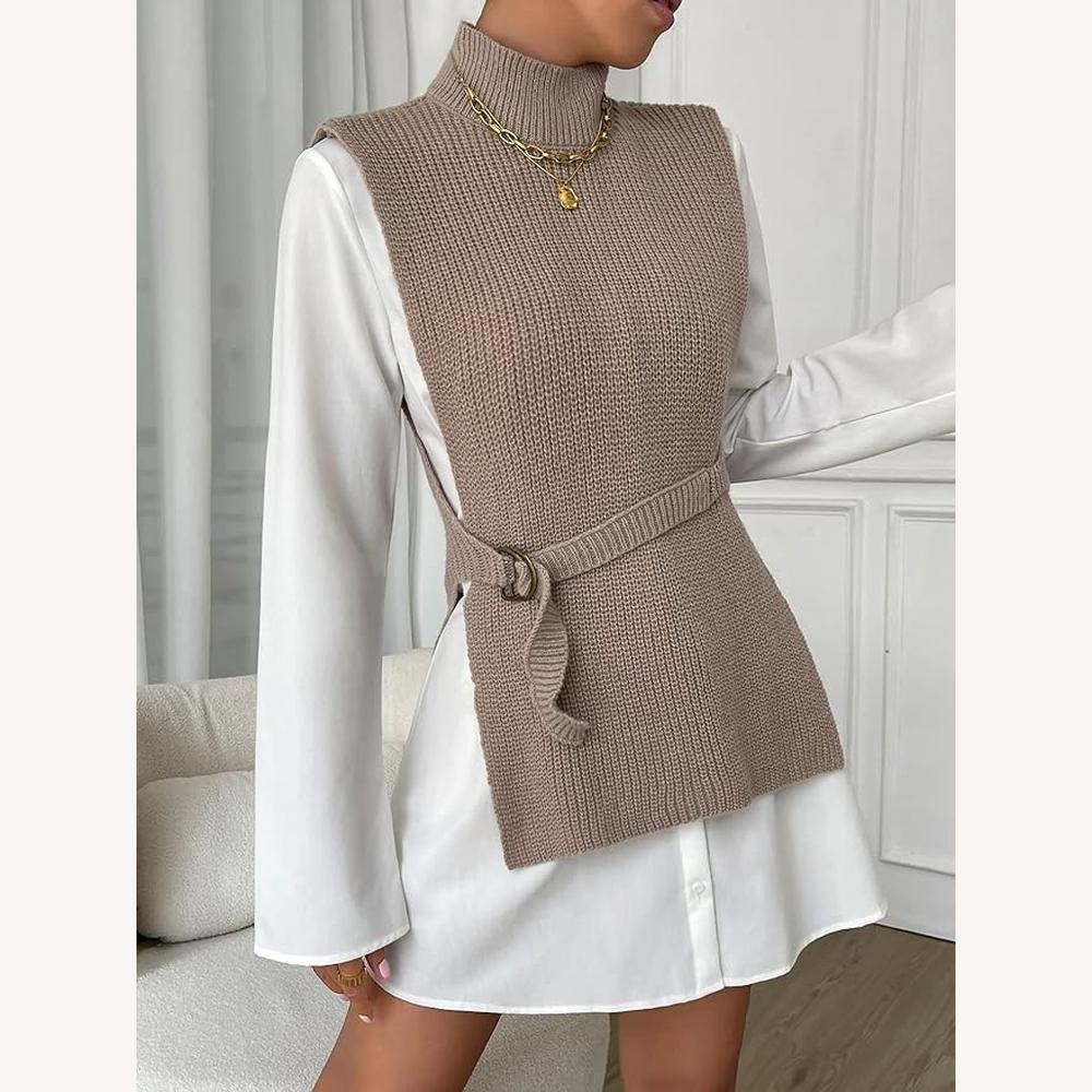 Pull Femme Sans Manches Col Roulé en Maille Côtelée – Élégant et Chaud pour Superposition, Taille S à XL