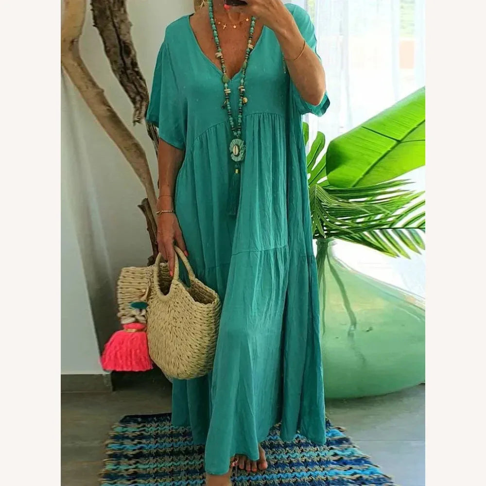 Robe Longue Femme Décontractée avec Décolleté en V – Robe Longue Été en Tissu Doux et Respirant