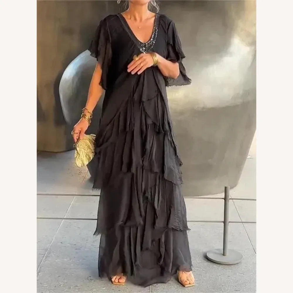 Elegant Long Dress Women with V-Neckline – Ideal for Events and Summer, Long Evening Dress in Breathable Fabric