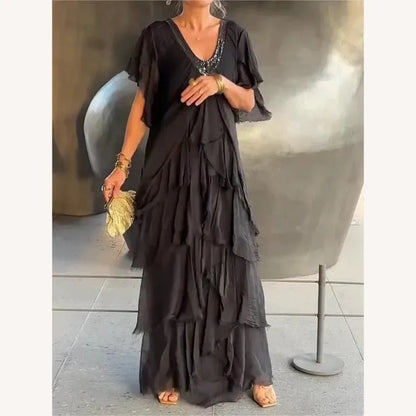 Elegant Long Dress Women with V-Neckline – Ideal for Events and Summer, Long Evening Dress in Breathable Fabric