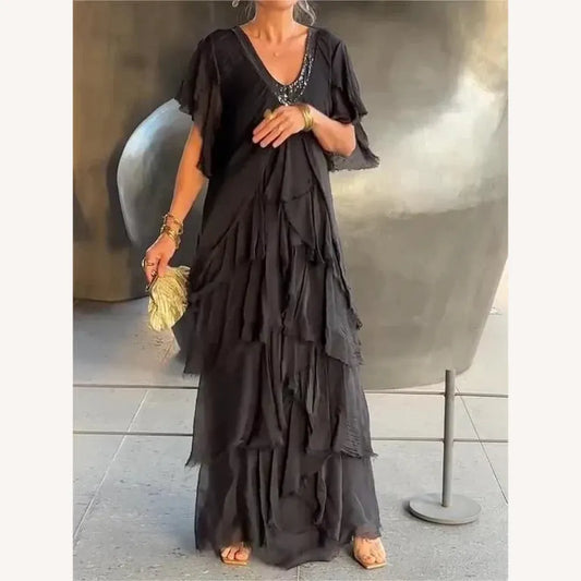 Elegant Long Dress Women with V-Neckline – Ideal for Events and Summer, Long Evening Dress in Breathable Fabric