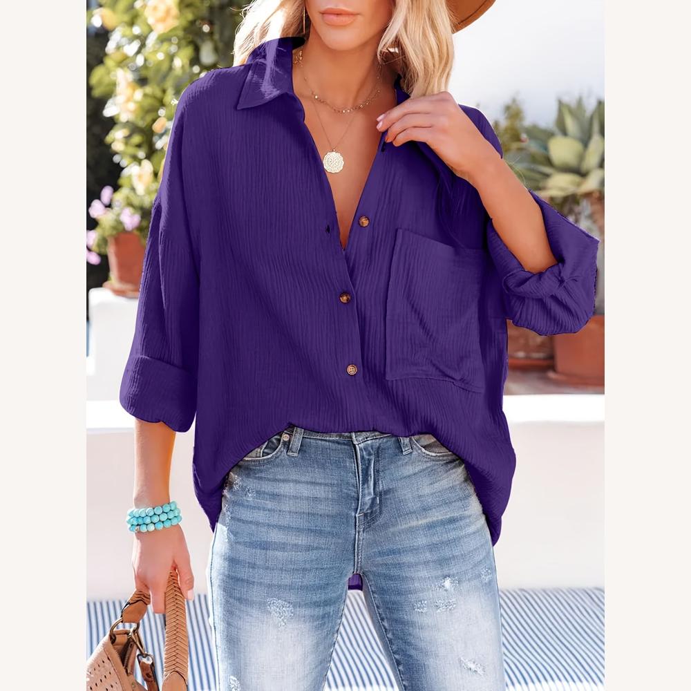 Variant image for Chemise Femme Décontractée en Coton Magenta, Manches Longues Retroussables, Texture Gaufrée-6