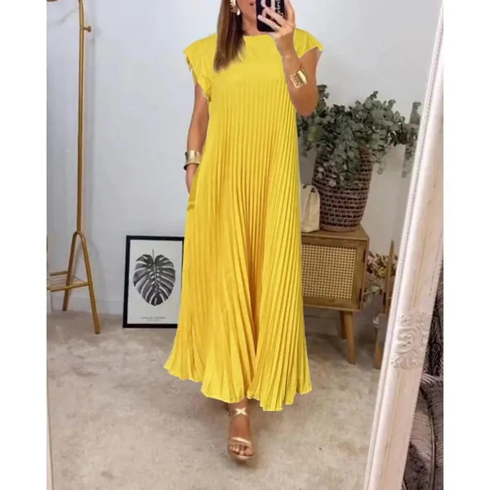 Robe Longue Femme Plissée Élégante en Couleur Unie – Confortable et Polyvalente pour Toutes les Occasions