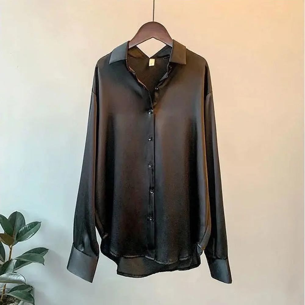 Elegant Women's Blouse in White Silk Satin with Long Sleeves and Classic Collar - Chic Shirt for All Occasions